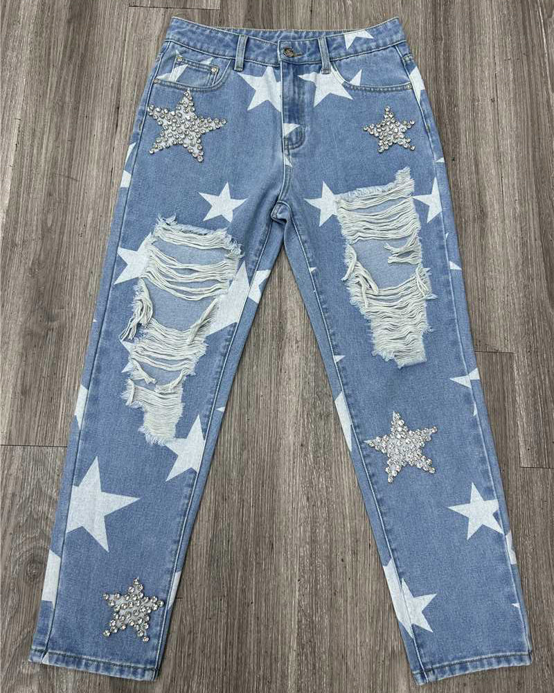 Calça Jeans Rasgado com Enfeites