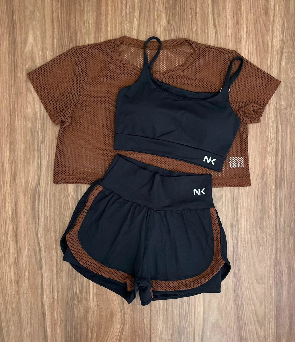 Conjunto 3 Peças Short Duplo + Cropped e Top - Frete Grátis