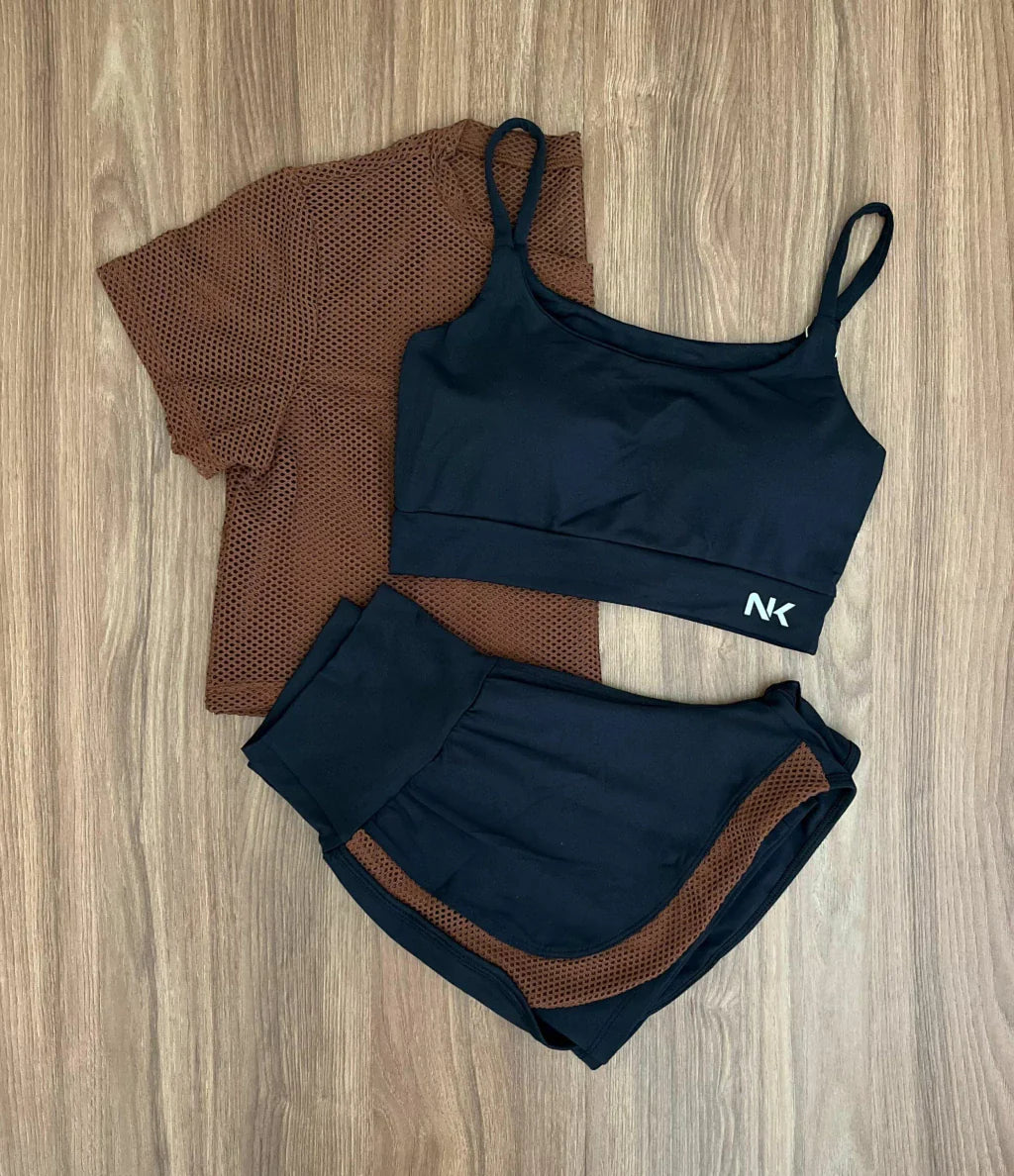 Conjunto 3 Peças Short Duplo + Cropped e Top - Frete Grátis