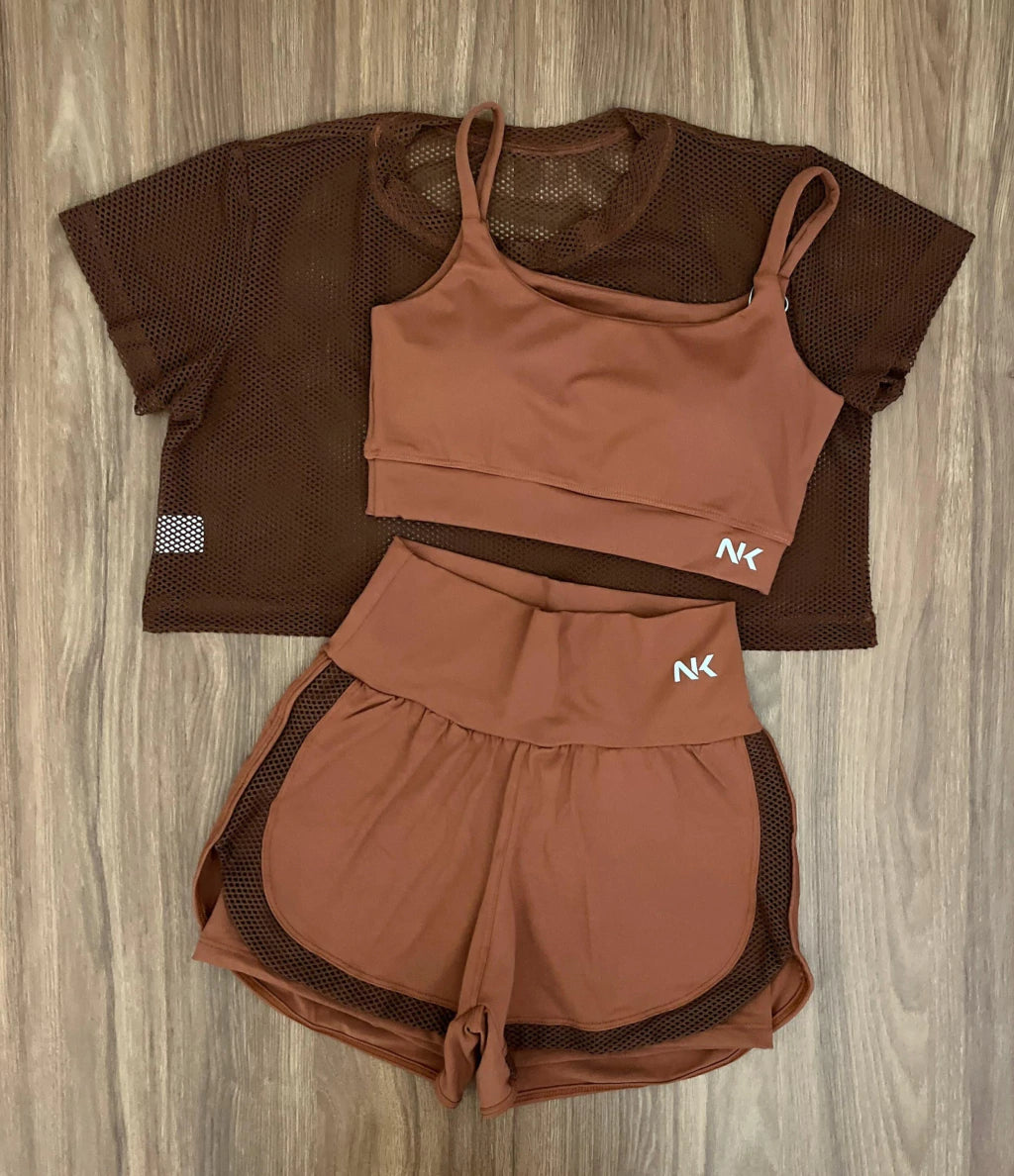 Conjunto 3 Peças Short Duplo  + Cropped e Top - Frete Grátis