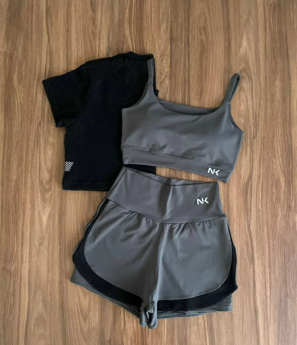 Conjunto 3 Peças Short Duplo  + Cropped e Top - Frete Grátis