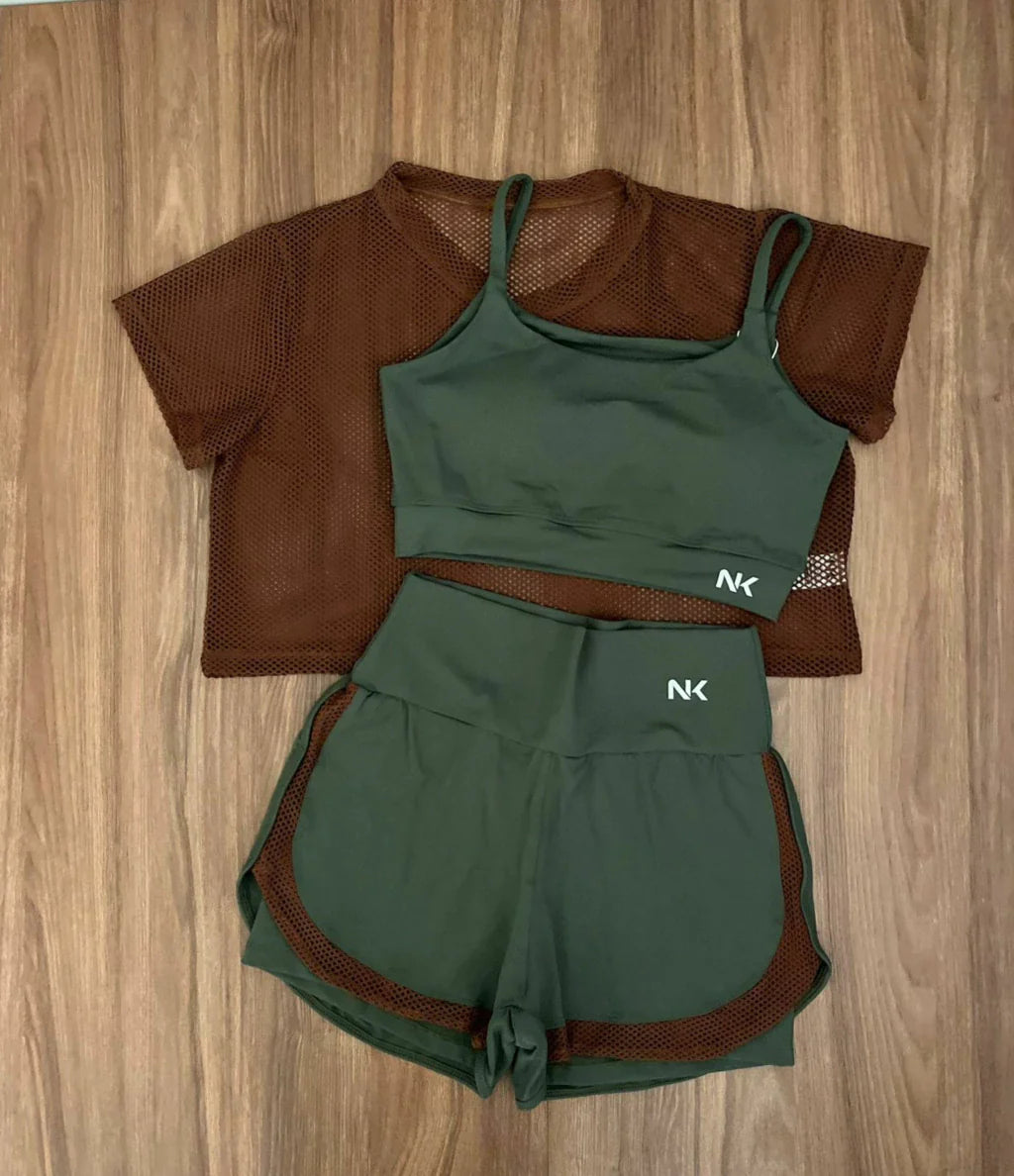 Conjunto 3 Peças Short Duplo  + Cropped e Top - Frete Grátis