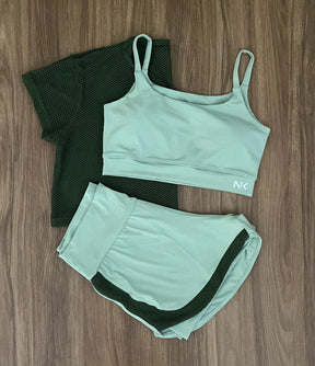 Conjunto 3 Peças Short Duplo  + Cropped e Top - Frete Grátis