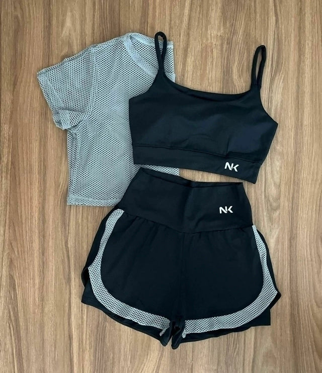 Conjunto 3 Peças Short Duplo  + Cropped e Top - Frete Grátis
