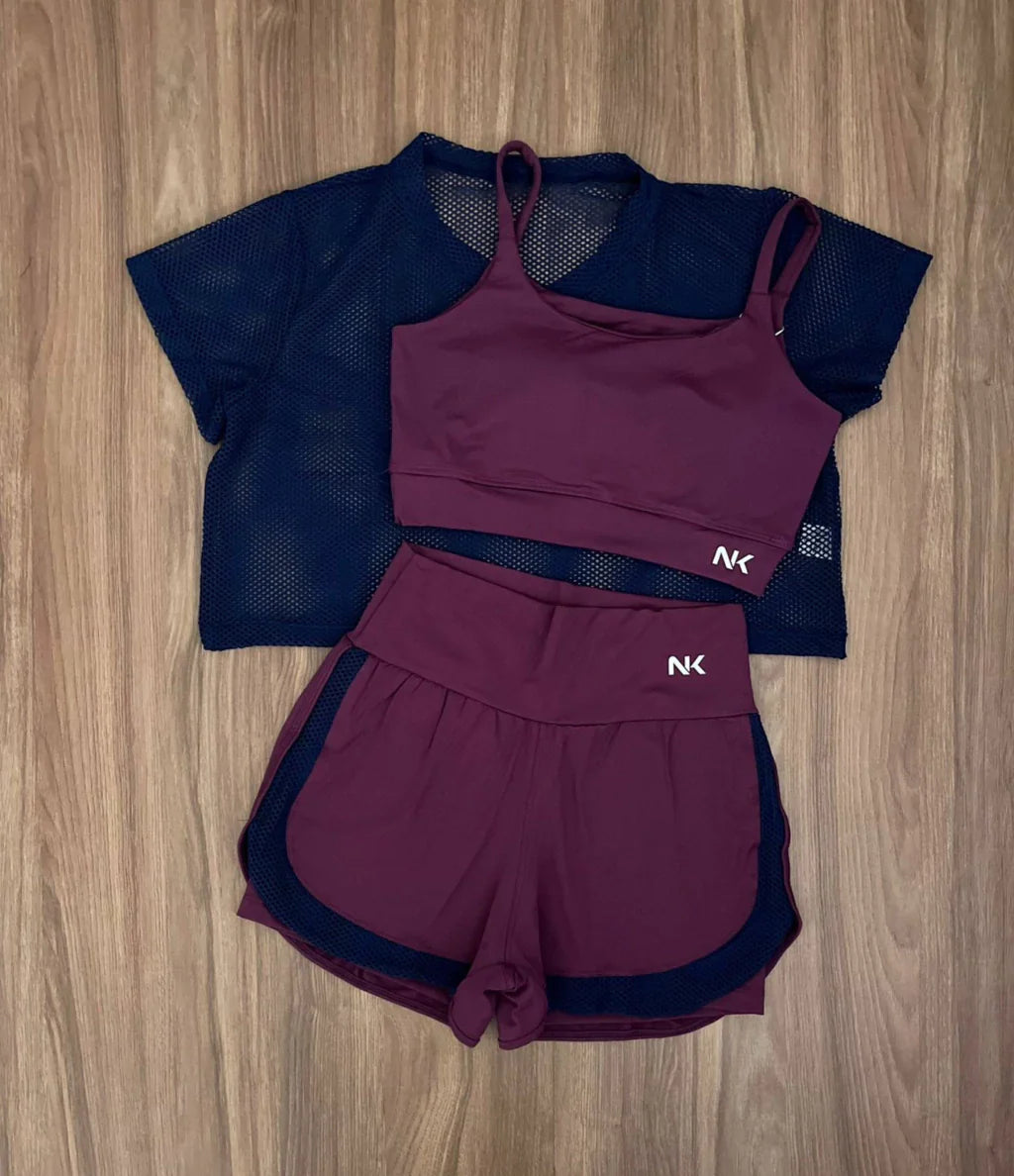 Conjunto 3 Peças Short Duplo  + Cropped e Top - Frete Grátis