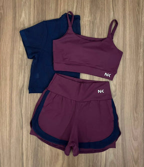 Conjunto 3 Peças Short Duplo  + Cropped e Top - Frete Grátis