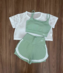 Conjunto 3 Peças Short Duplo  + Cropped e Top - Frete Grátis