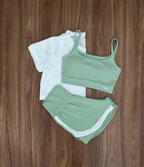 Conjunto 3 Peças Short Duplo  + Cropped e Top - Frete Grátis
