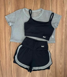 Conjunto 3 Peças Short Duplo  + Cropped e Top - Frete Grátis