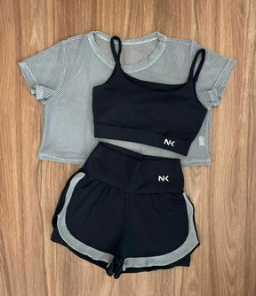 Conjunto 3 Peças Short Duplo  + Cropped e Top - Frete Grátis