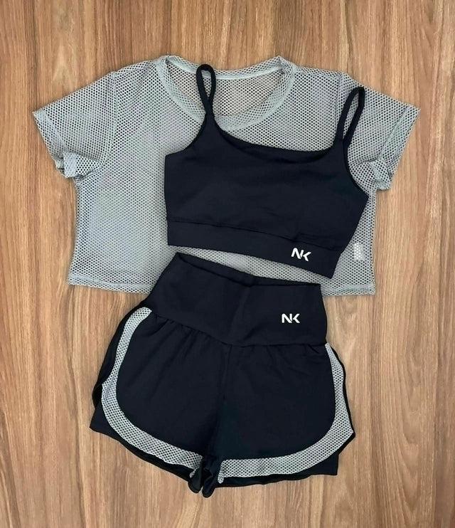 Conjunto 3 Peças Short Duplo  + Cropped e Top - Frete Grátis