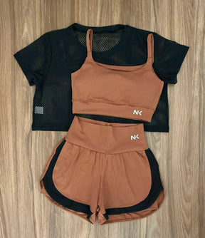 Conjunto 3 Peças Short Duplo  + Cropped e Top - Frete Grátis