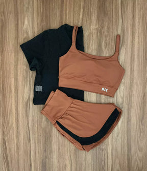 Conjunto 3 Peças Short Duplo  + Cropped e Top - Frete Grátis