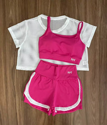 Conjunto 3 Peças Short Duplo  + Cropped e Top - Frete Grátis