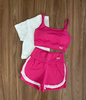 Conjunto 3 Peças Short Duplo  + Cropped e Top - Frete Grátis