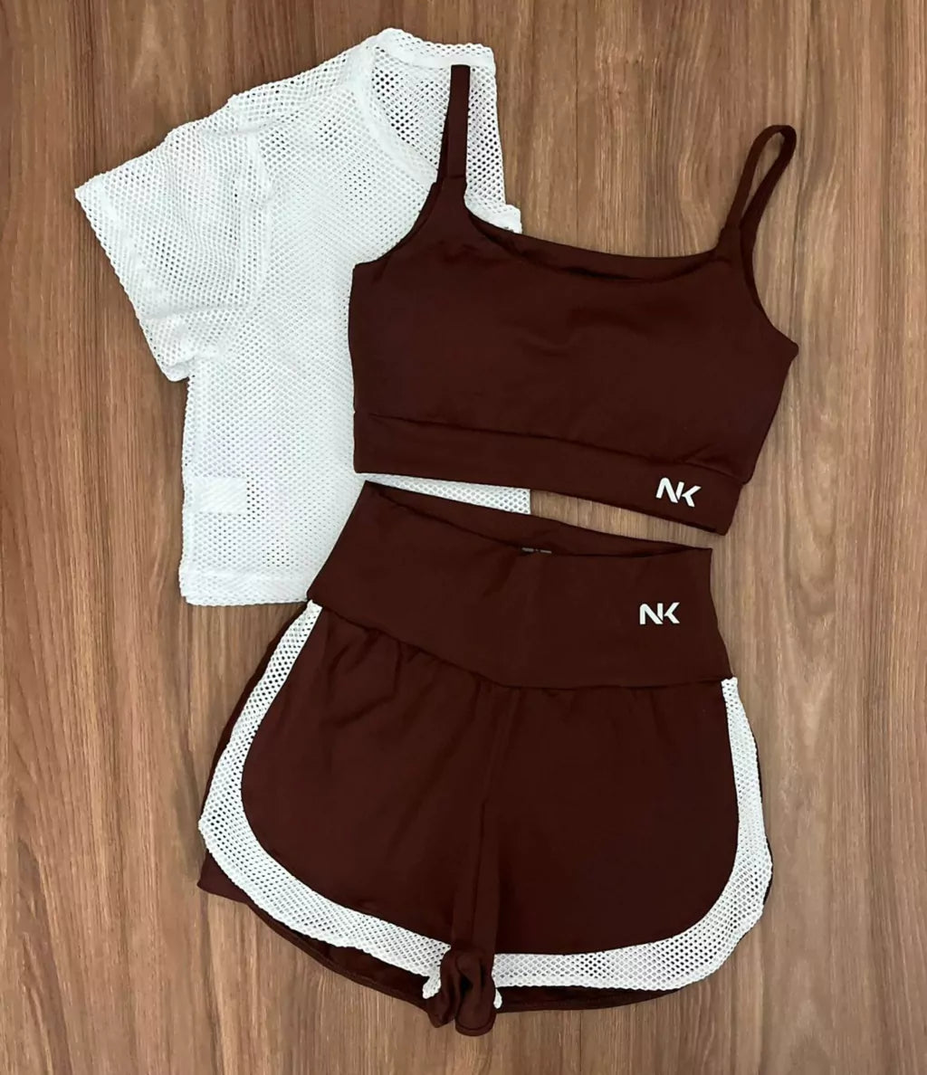 Conjunto 3 Peças Short Duplo  + Cropped e Top - Frete Grátis