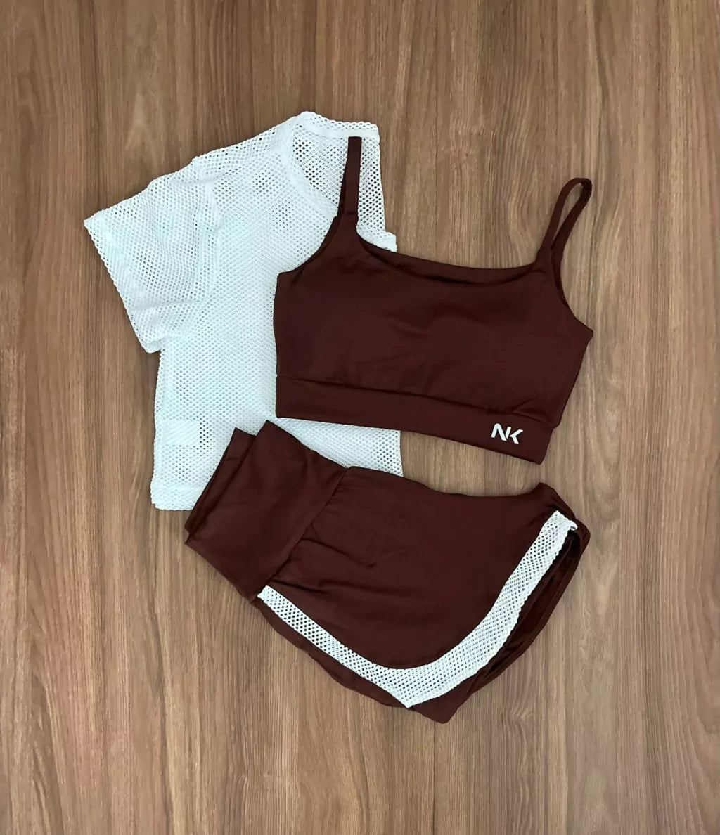 Conjunto 3 Peças Short Duplo  + Cropped e Top - Frete Grátis
