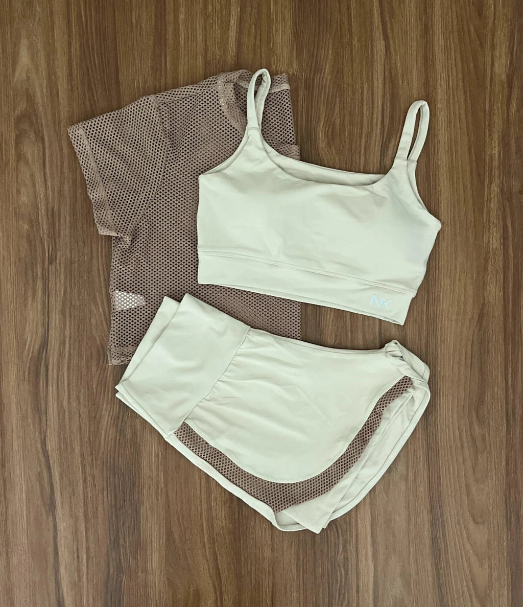 Conjunto 3 Peças Short Duplo  + Cropped e Top - Frete Grátis