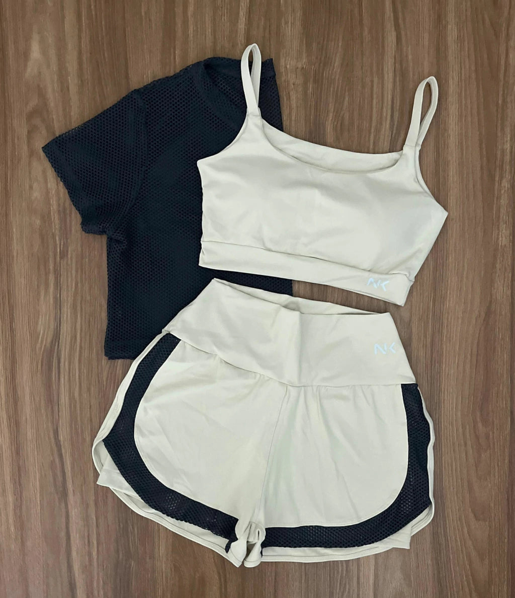 Conjunto 3 Peças Short Duplo  + Cropped e Top - Frete Grátis
