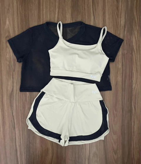 Conjunto 3 Peças Short Duplo  + Cropped e Top - Frete Grátis