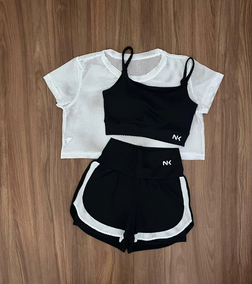 Conjunto 3 Peças Short Duplo  + Cropped e Top - Frete Grátis